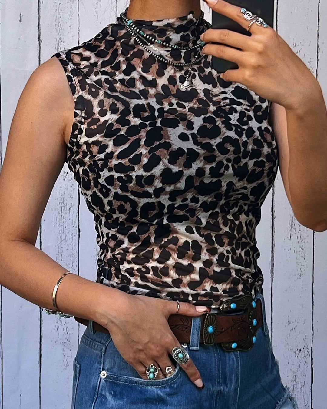 Maleney Leopard Sleeveless Mock Neck Top
