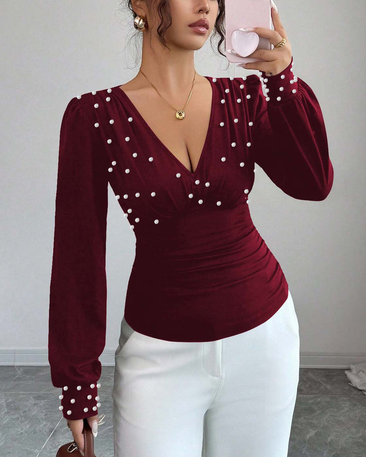 Maleney V Neck Pearl Embellished Slim Fit Top
