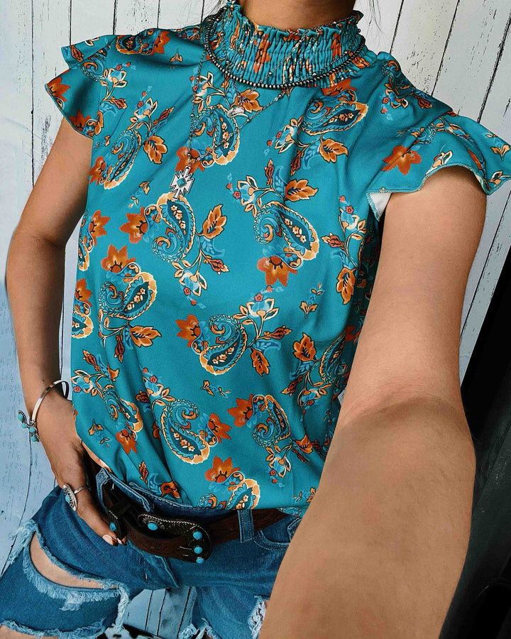 Maleney Ruffle Sleeves Printed Top