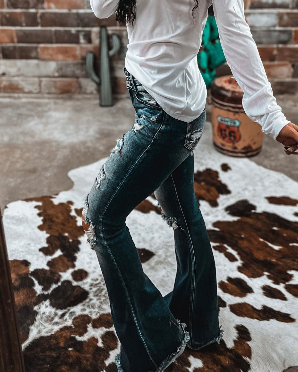 Maleney Western Distressed Flared Denim Jeans