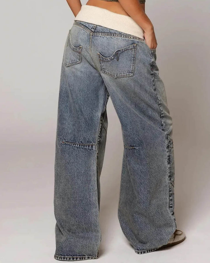Maleney Foldover Waist Patchwork Baggy Jeans