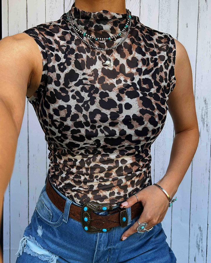 Maleney Leopard Sleeveless Mock Neck Top