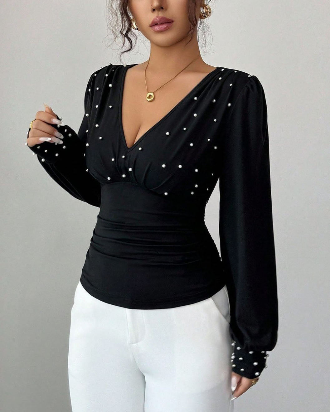 Maleney V Neck Pearl Embellished Slim Fit Top