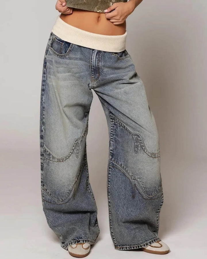 Maleney Foldover Waist Patchwork Baggy Jeans