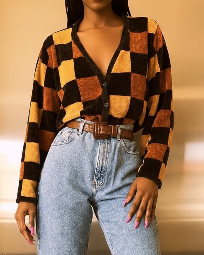 Maleney 90s Vintage Mustard & Black Check Cardigan