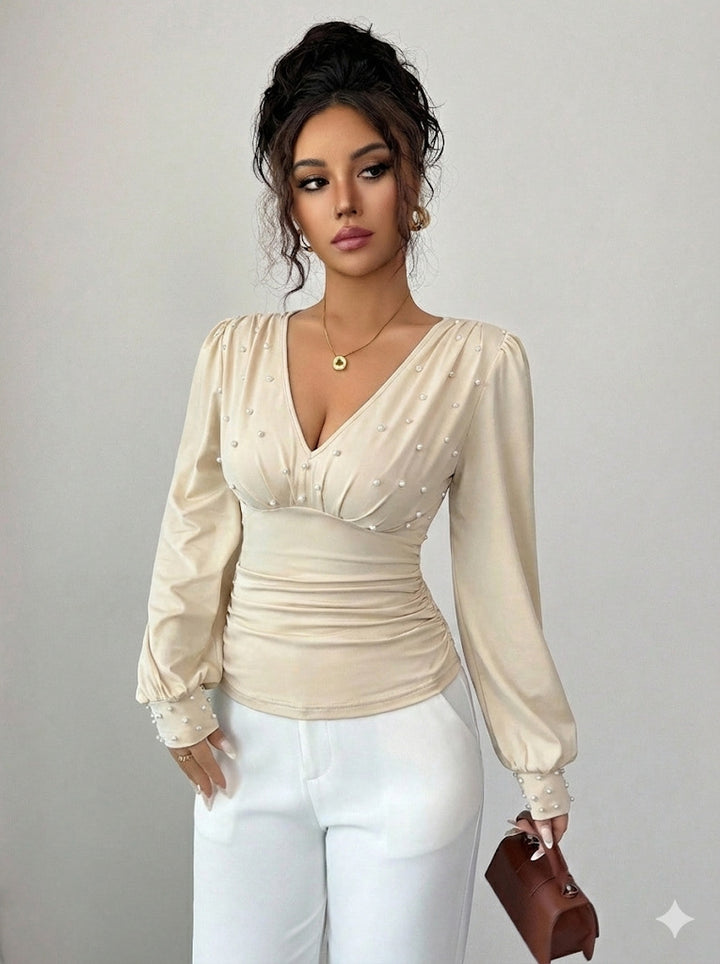 Maleney V Neck Pearl Embellished Slim Fit Top