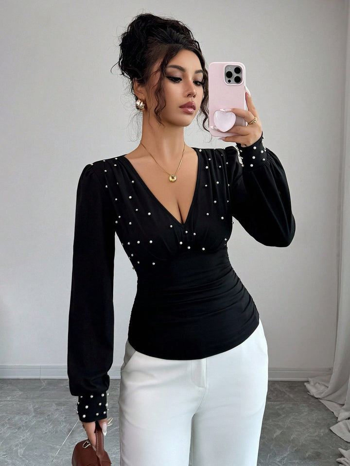 Maleney V Neck Pearl Embellished Slim Fit Top