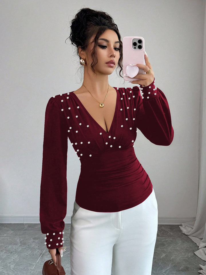 Maleney V Neck Pearl Embellished Slim Fit Top