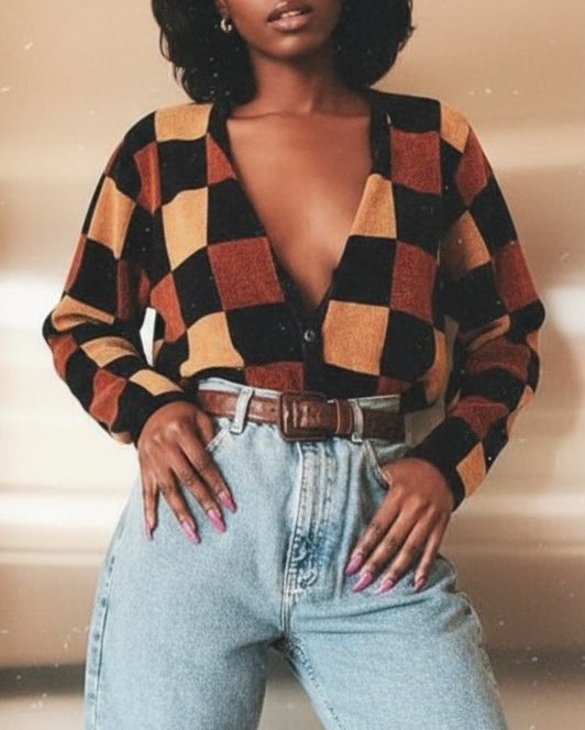 Maleney 90s Vintage Mustard & Black Check Cardigan