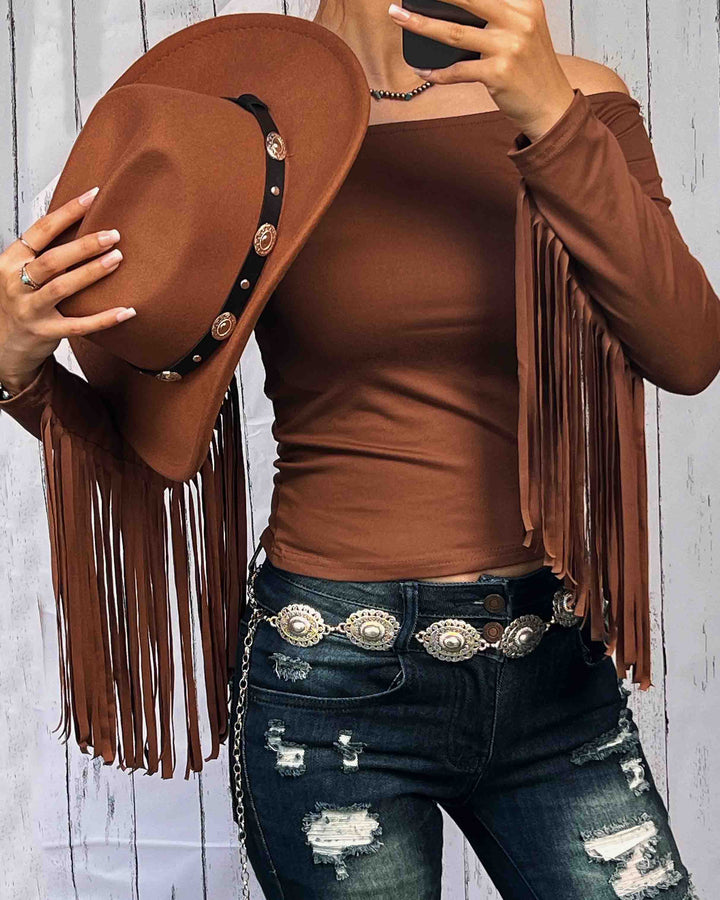 Maleney Vintage Western Sleeves Fringe Top