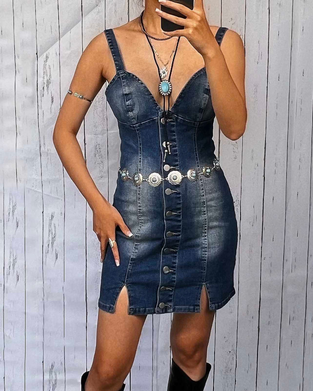 Maleney V-neck Buttoned Denim Dress