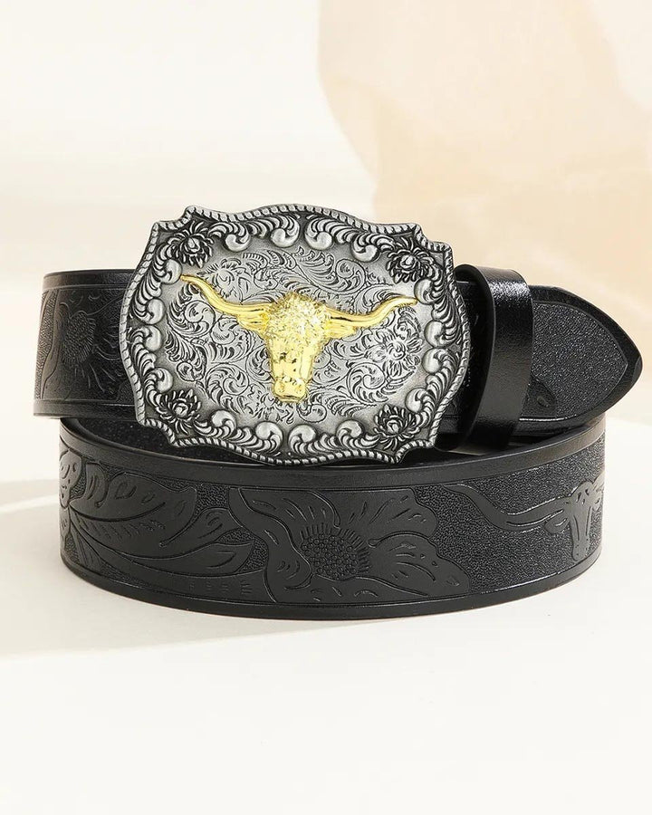 Western Embossed Longhorn Bull Pattern Buckle Belt