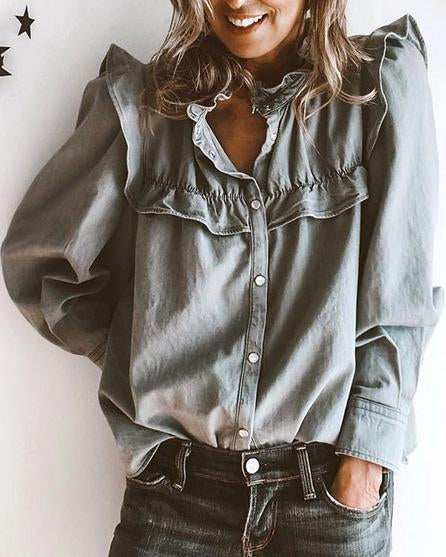 Maleney Long Sleeve Doll Collar Ruffled Denim Shirt