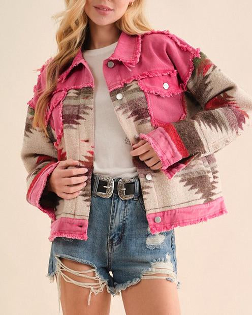 Maleney Distressed Patchwork Aztec Washed Denim Jacket