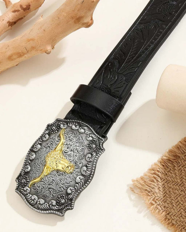 Western Embossed Longhorn Bull Pattern Buckle Belt