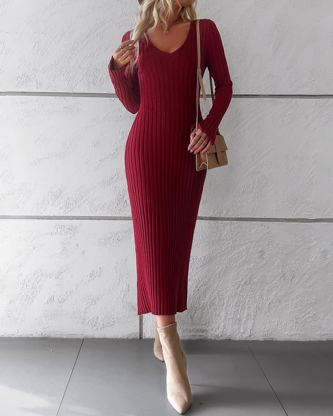 Maleney Slim Fit V Neck Knit Dress(4 Colors）