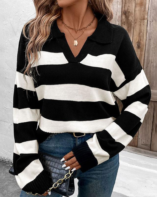 Maleney V neck Black White Striped Top