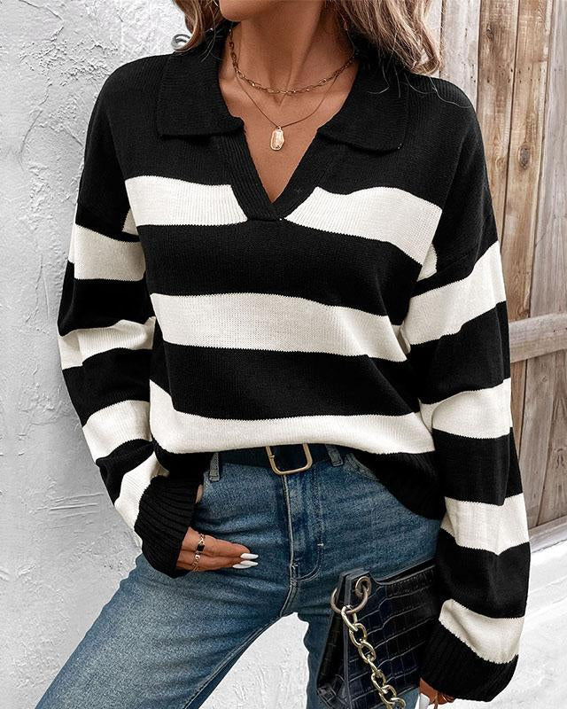 Maleney V neck Black White Striped Top