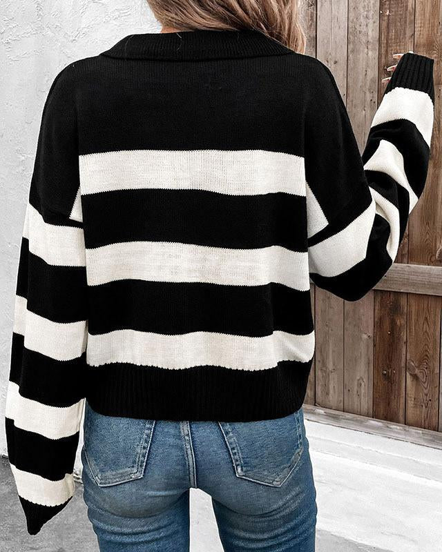 Maleney V neck Black White Striped Top