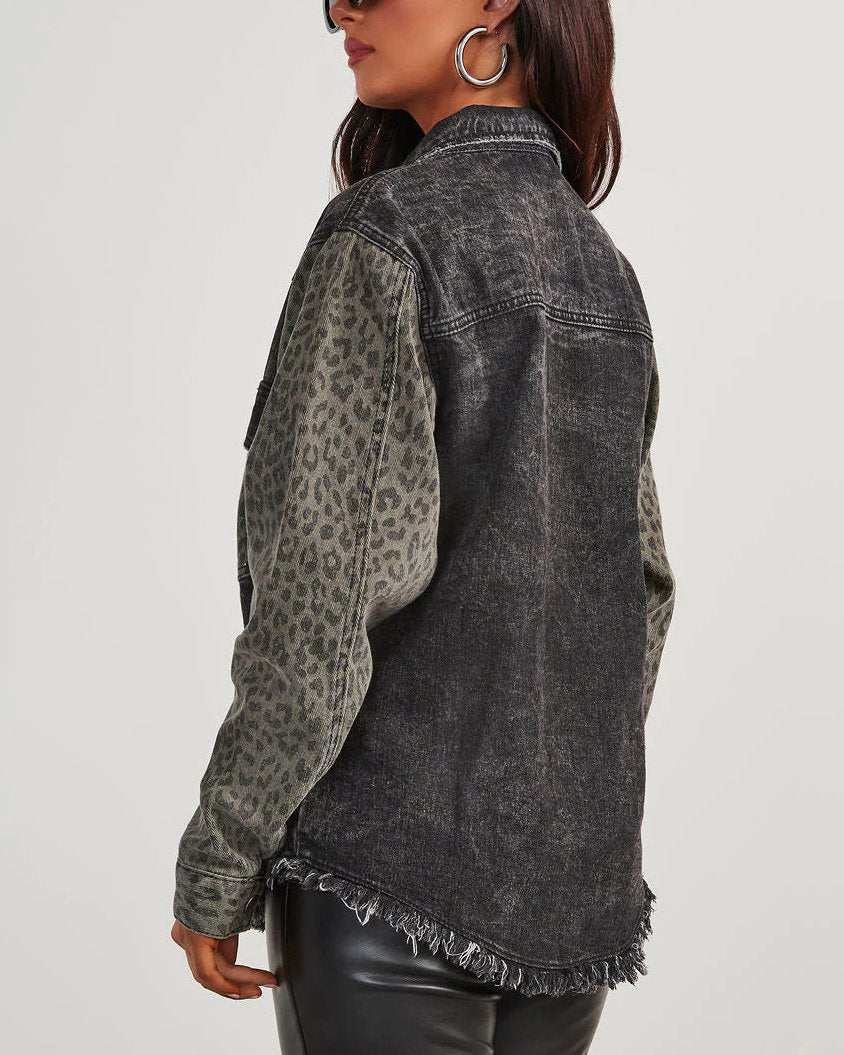 Maleney Leopard-Print Denim Distressed Jacket