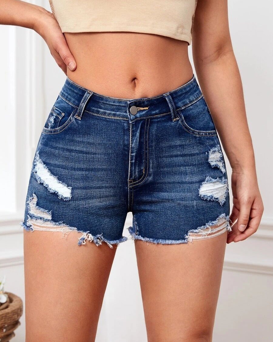 MALENEY MID RISE DISTRESS DENIM SHORTS