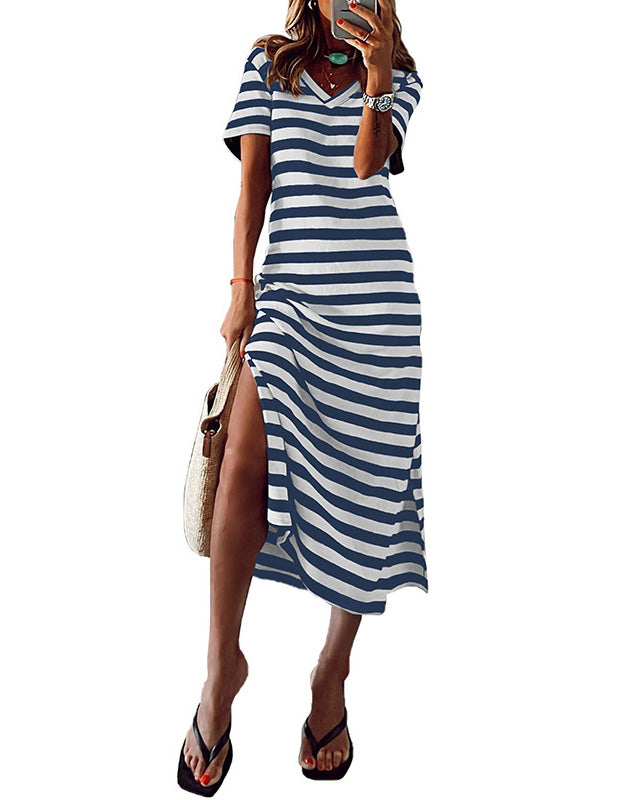 MALENEY VENT STRIPE PRINT LONG DRESS