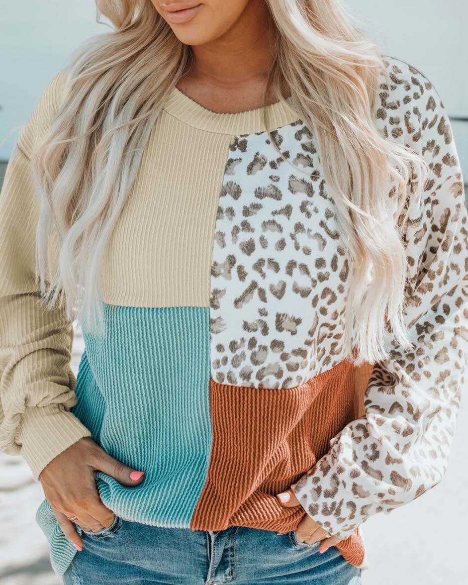 MALENEY COLOR BLOCK LEOPARD PRINT SWEATER TOP