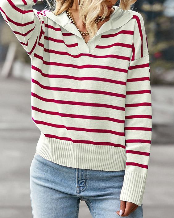 MALENEY V NECK STRIPED KNIT SWEATER(4 COLORS)