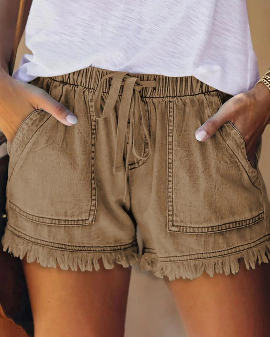 Maleney Solid Drawstring Denim Shorts(4 Colors)