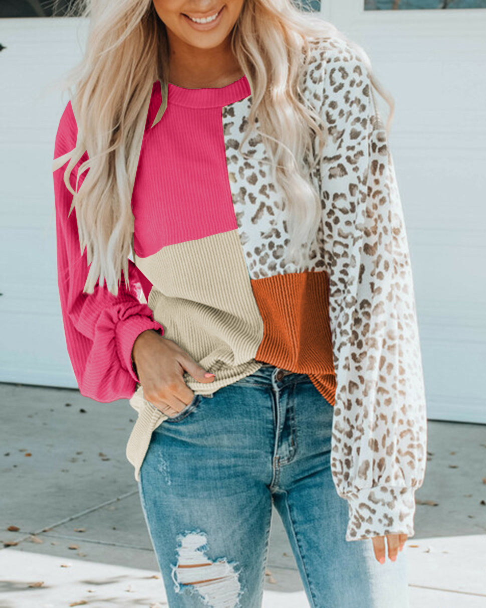 MALENEY COLOR BLOCK LEOPARD PRINT SWEATER TOP