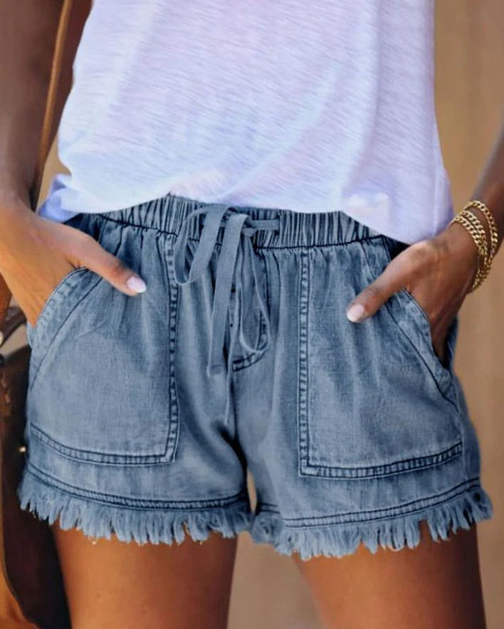 Maleney Solid Drawstring Denim Shorts(4 Colors)