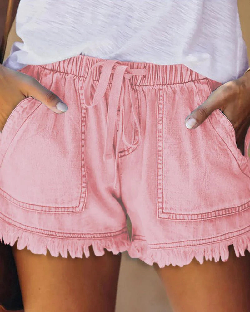 Maleney Solid Drawstring Denim Shorts(4 Colors)