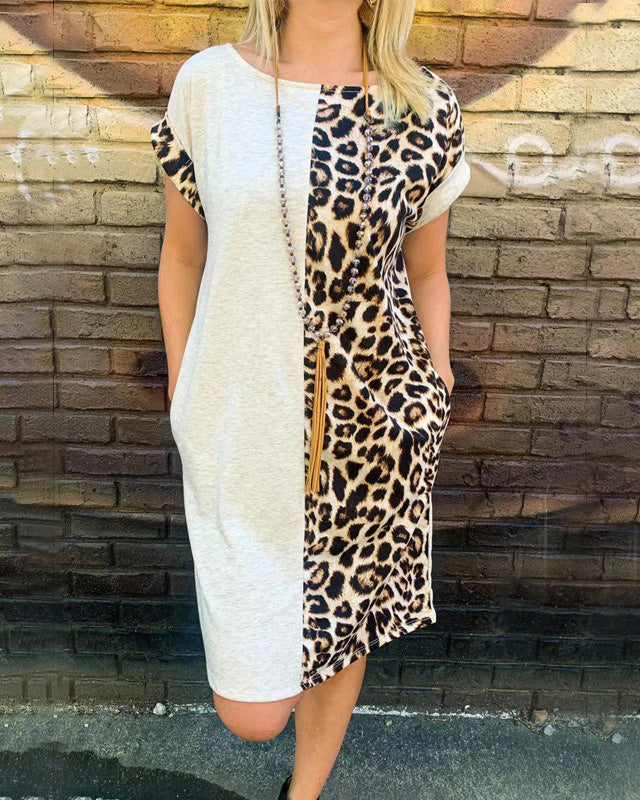 MALENEY ROUND NECK LEOPARD SPLICING DRESS