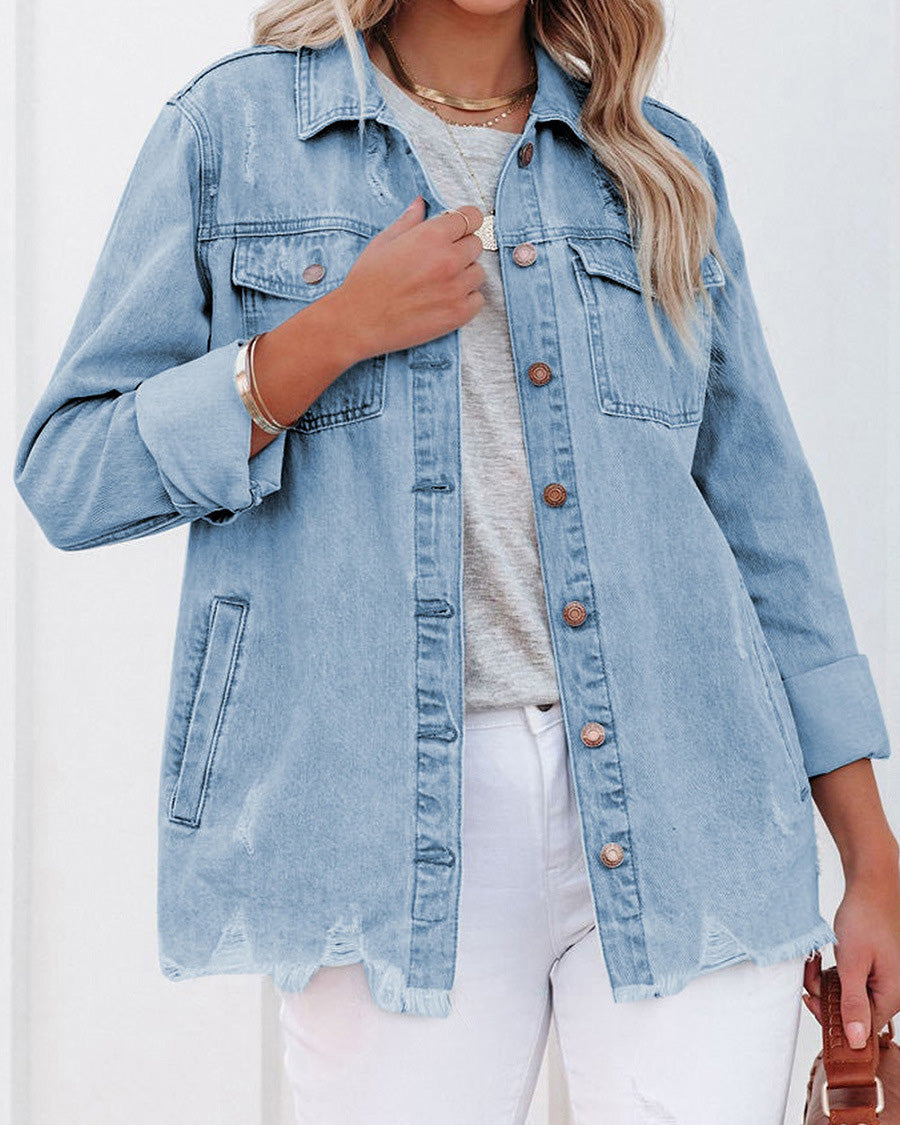 MALENEY POCKETED DISTRESSED DENIM SHACKET