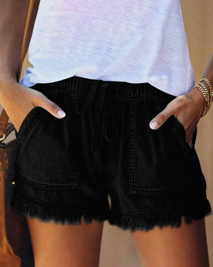 Maleney Solid Drawstring Denim Shorts(4 Colors)