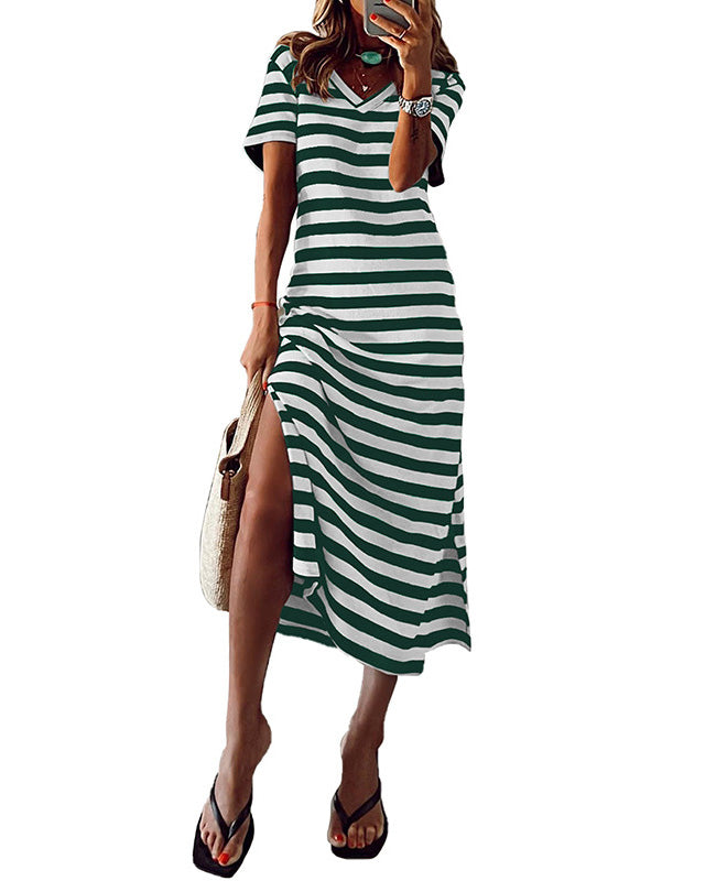 MALENEY VENT STRIPE PRINT LONG DRESS