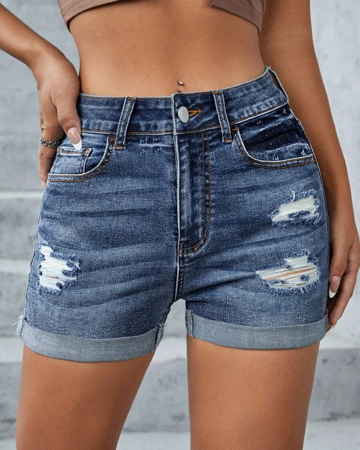 MALENEY HIGH RISE DISTRESS DENIM SHORTS