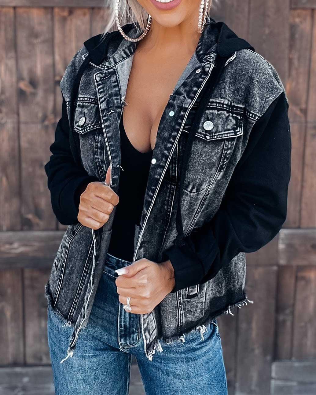 Distressed hooded denim online jacket