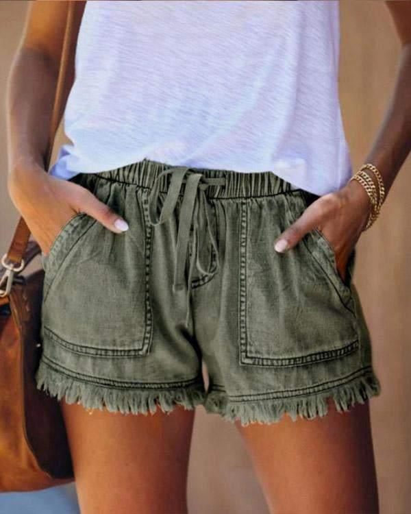 Maleney Solid Drawstring Denim Shorts(4 Colors)