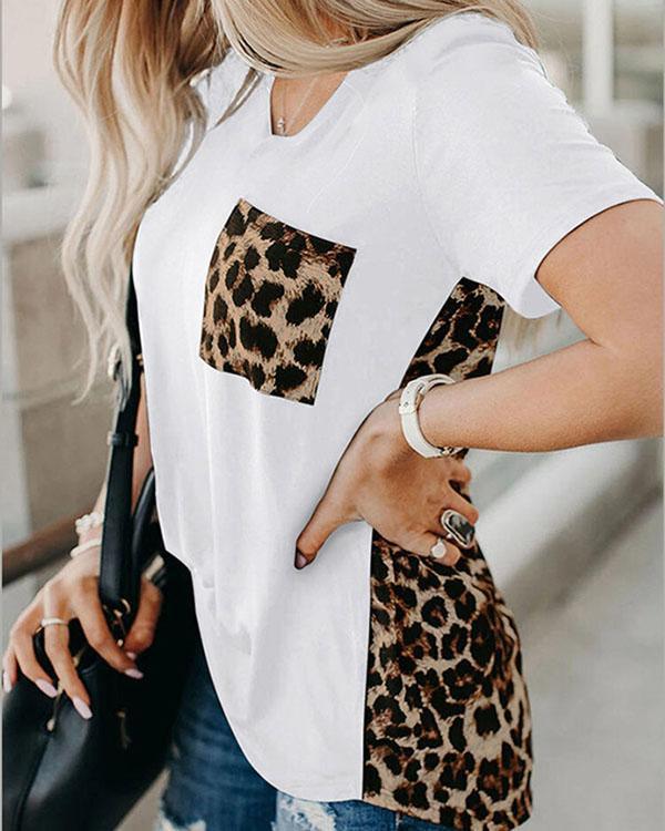 MALENEY V-NECK LEOPARD PANEL TEE(4 COLORS)