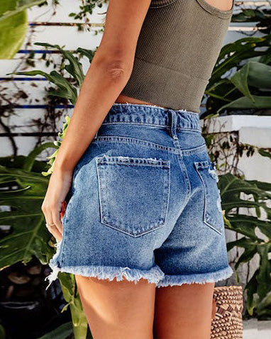 MALENEY DISTRESSED TASSEL DENIM SHORTS