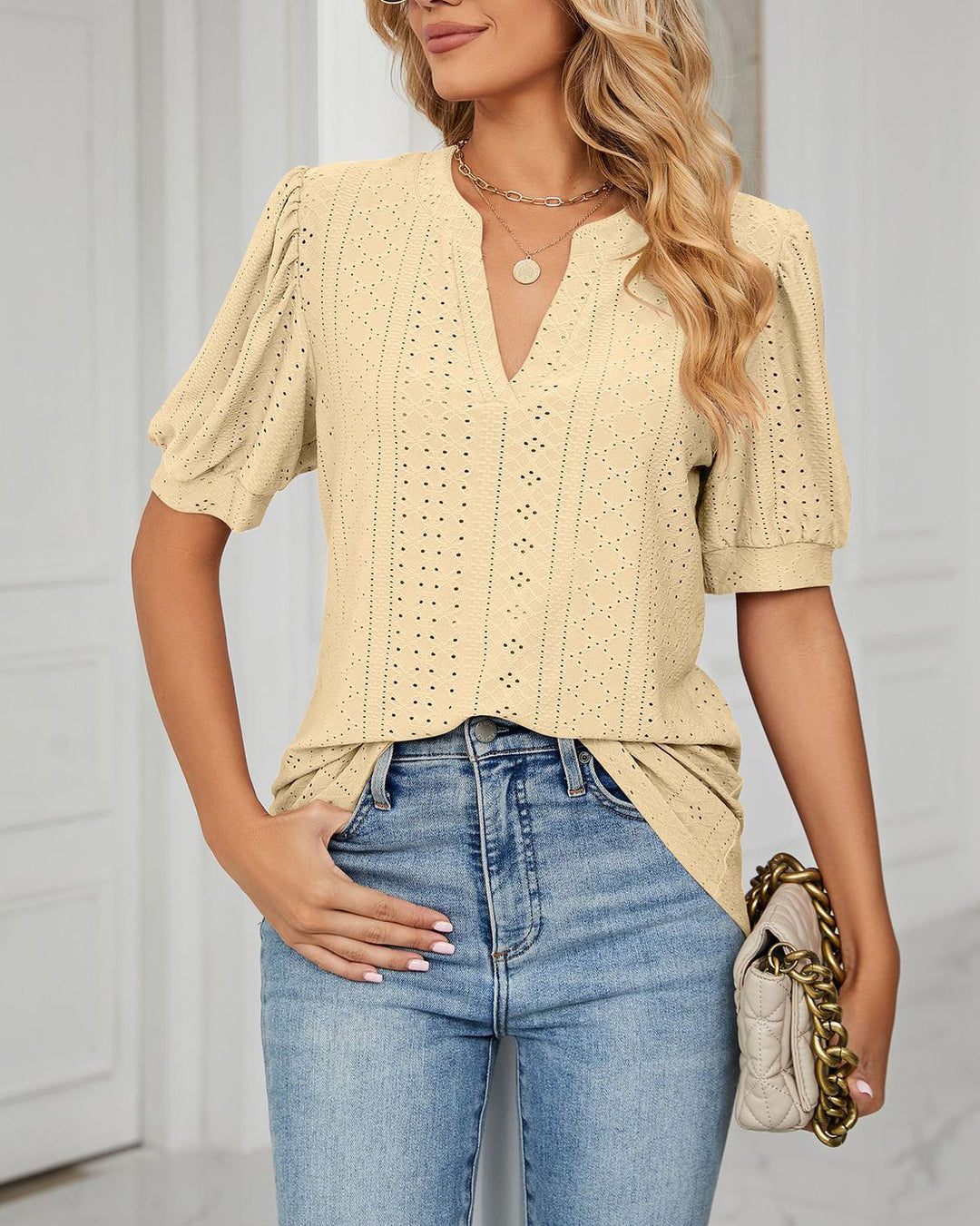 MALENEY V NECK SKELETON PUFF SLEEVES TOP