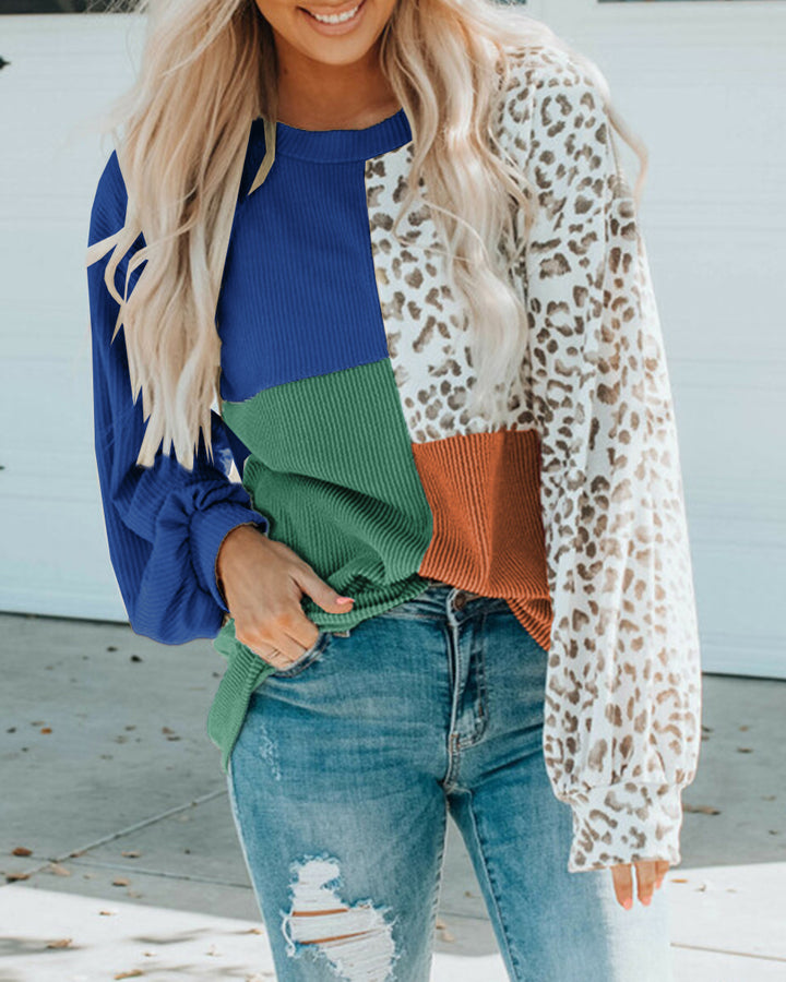 MALENEY COLOR BLOCK LEOPARD PRINT SWEATER TOP