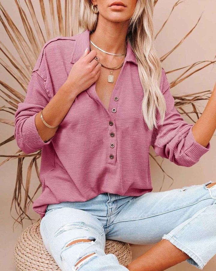 MALENEY BUTTON DOWN LONG SLEEVE TOP(9 COLORS)