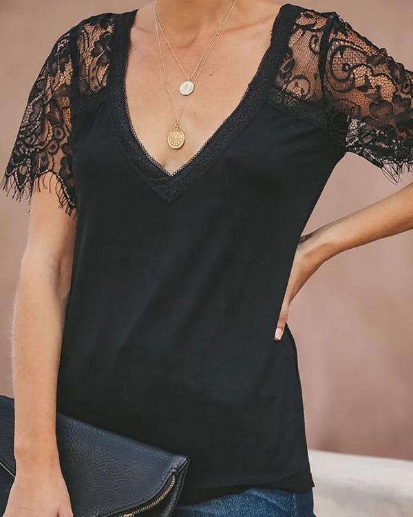 MALENEY V-NECK LACE TEE (5 COLORS)