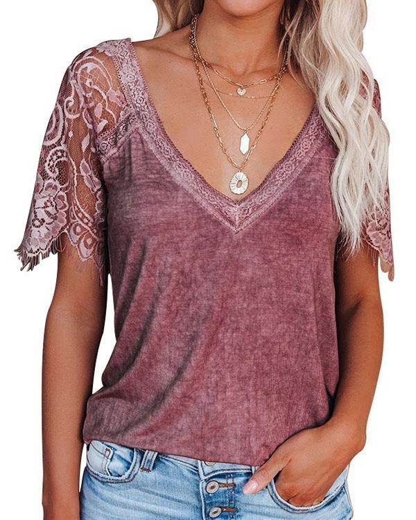 MALENEY V-NECK LACE TEE (5 COLORS)