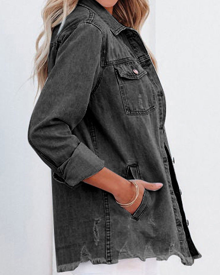 MALENEY POCKETED DISTRESSED DENIM SHACKET