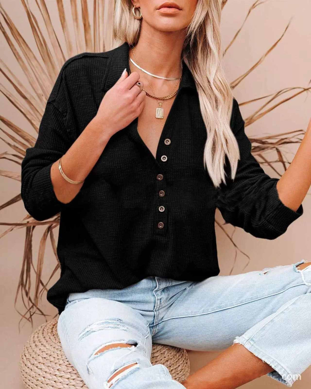 MALENEY BUTTON DOWN LONG SLEEVE TOP(9 COLORS)