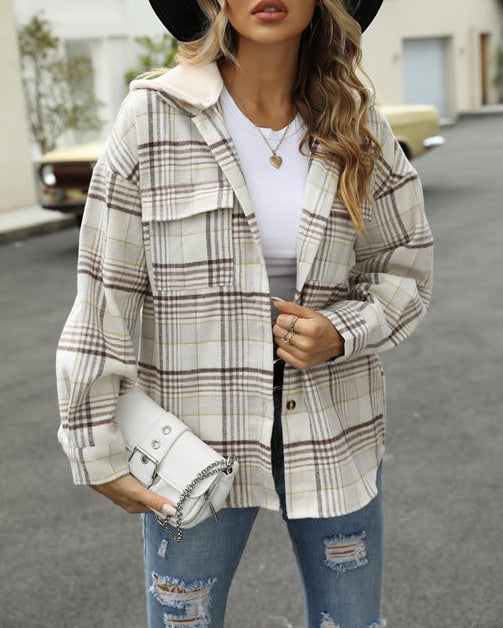 MALENEY HOODED POCKET PLAID SHIRT