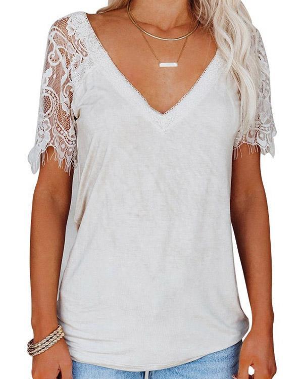 MALENEY V-NECK LACE TEE (5 COLORS)